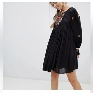 Free People Black Mini Dress with Floral Embroidery